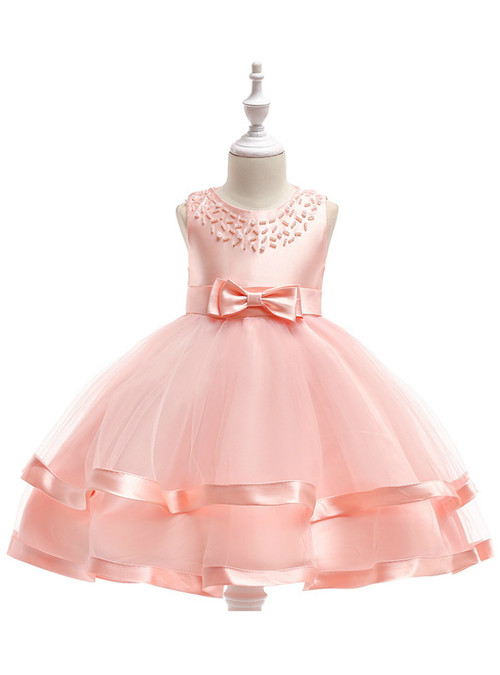 In Stock:Ship in 48 Hours Pink Tulle Flower Girl Dress With Pearls