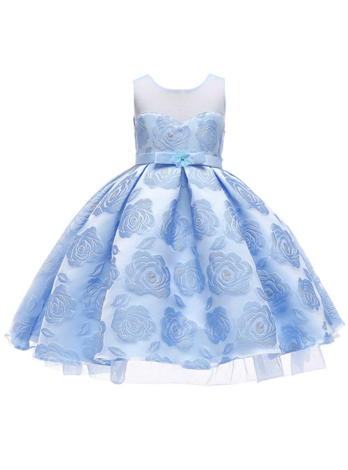 In Stock:Ship in 48 Hours Blue Lace Flower Girl Dress With Bow