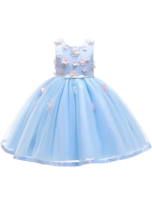 In Stock:Ship in 48 Hours Blue Tulle Appliques Princess Girl Dress