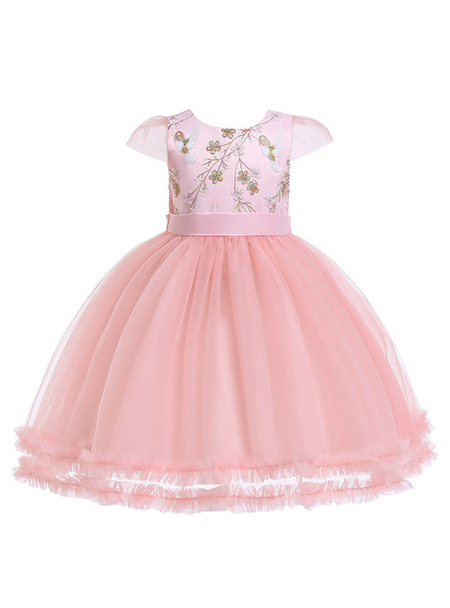 In Stock:Ship in 48 Hours Pink Tulle Embroidery Appliques Flower Girl Dress