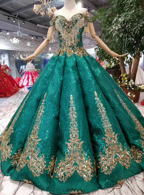 Green Ball Gown Sequins Gold Sequins Appliques Off the Shoulder Wedding ...