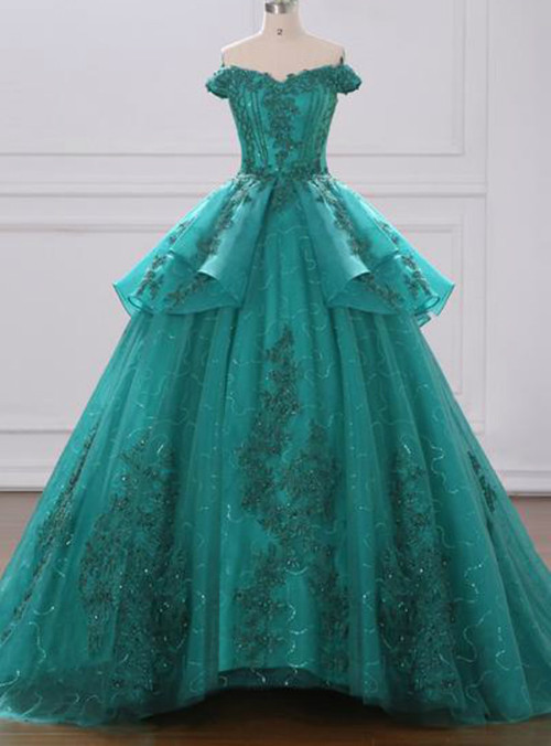 Green Ball Gown Tulle Lace Layered Off The Shoulder Quinceanera Dress