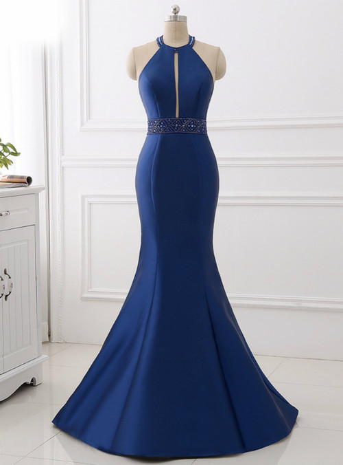 Mermaid Halter Light Blue Satin Long Prom Dresses