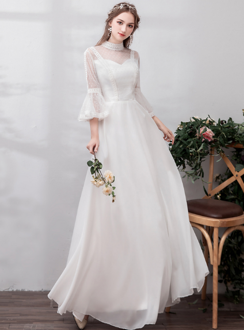 In Stock:Ship in 48 Hours White High Neck Chiffon Casual Wedding Dress