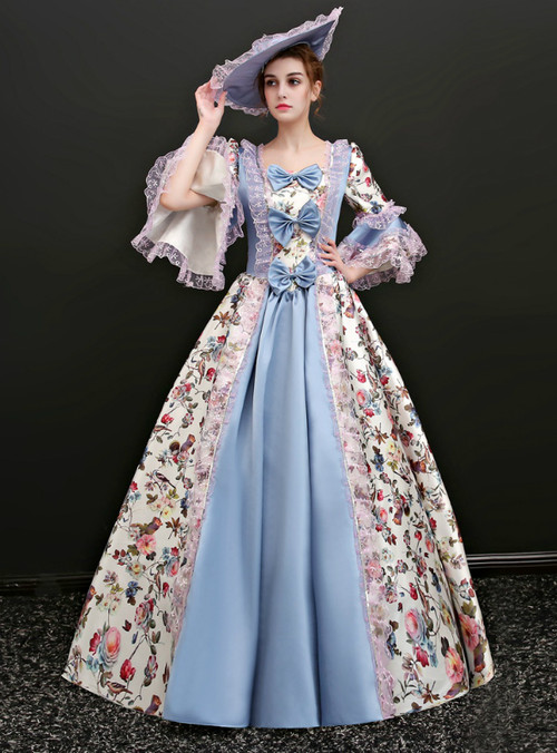 Blue Satin Print Puff Sleeve Square Vintage Gown Dress With Bow