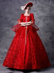 Red Ball Gown Lace Puff Sleeve Drama Show Vintage Gown Dress