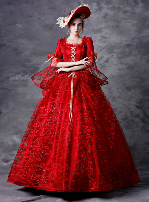 Red Ball Gown Lace Puff Sleeve Drama Show Vintage Gown Dress