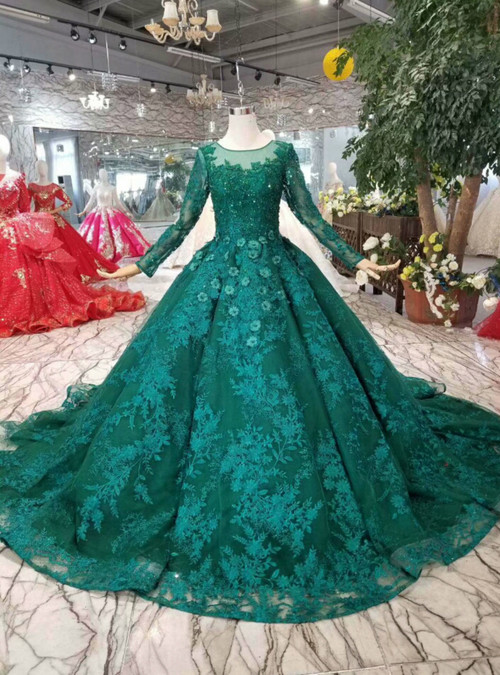Green Ball Gown Tulle Lace Appliques Long Sleeve Wedding Dress