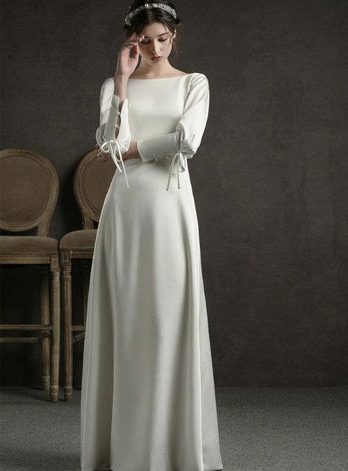 A-Line White Satin Bateau Long Sleeve Backless Floor Length Wedding Dress
