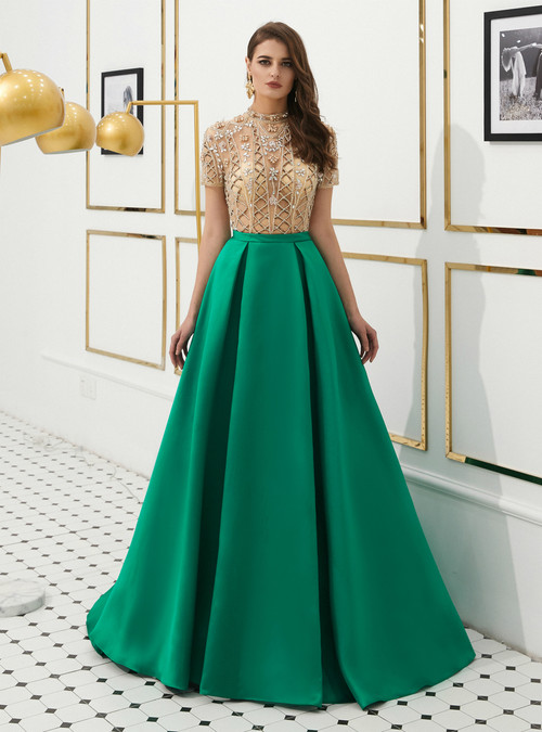 A-Line Green Satin High Neck Cap Sleeve Prom Dress With Beading