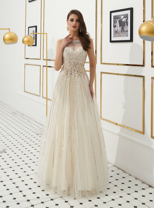 Light Champagne Tulle Backless Long Prom Dress With Beading Crystal