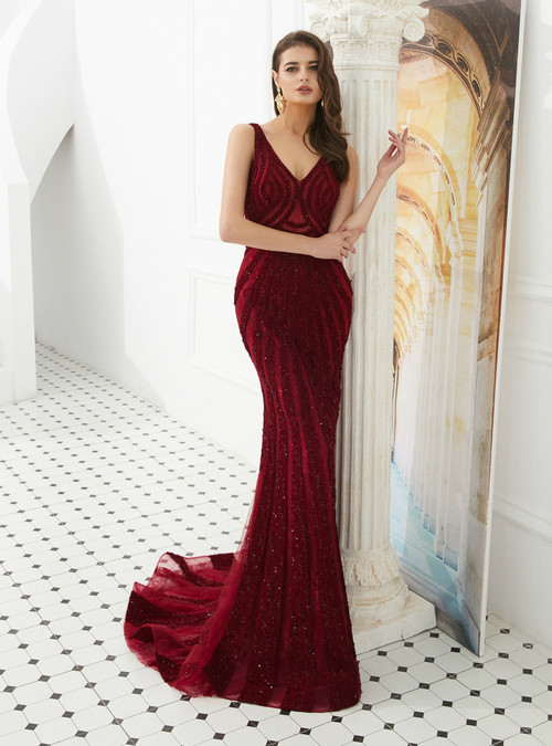 Burgundy Mermaid Lace V-neck Backless Long Prom Dress With Beading