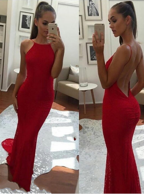 Sexy Mermaid Open Back Prom Dress Mermaid Red Lace Evening Dress