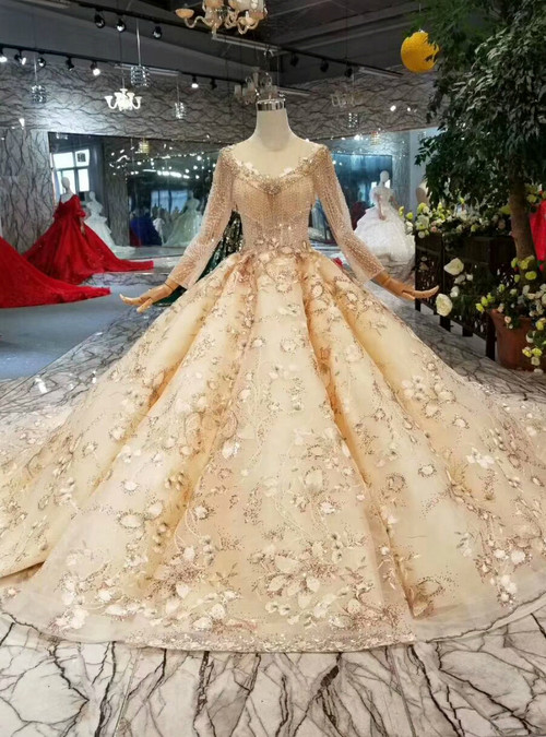 Champagne Ball Gown Tulle Long Sleeve Tiers Beading Wedding Dress main image 0