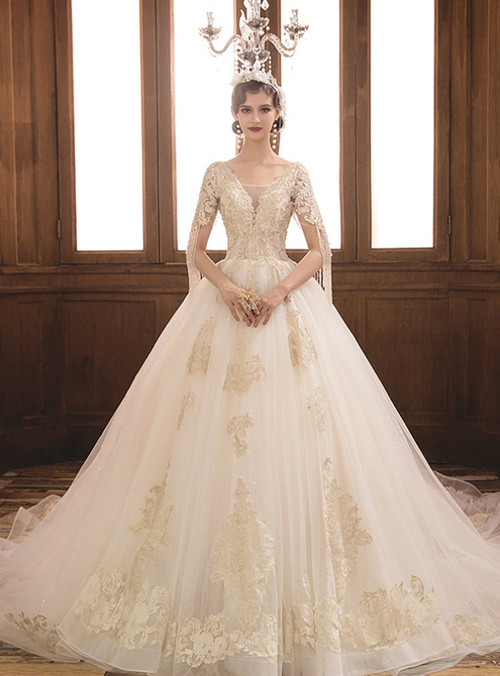 Sleeveless V-neck Tulle Appliqued Wedding Dress Champagne