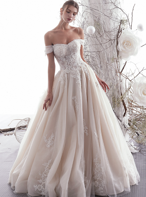 A-Line Champagne Tulle Appliques Off The Shoulder Wedding Dress
