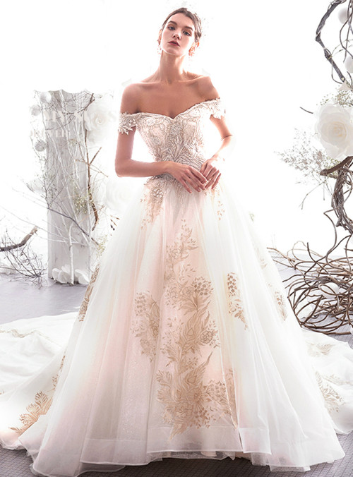 Light Champagne Tulle Ball Gowns Wedding Dresses Lace V-neck Off-the-shoulder