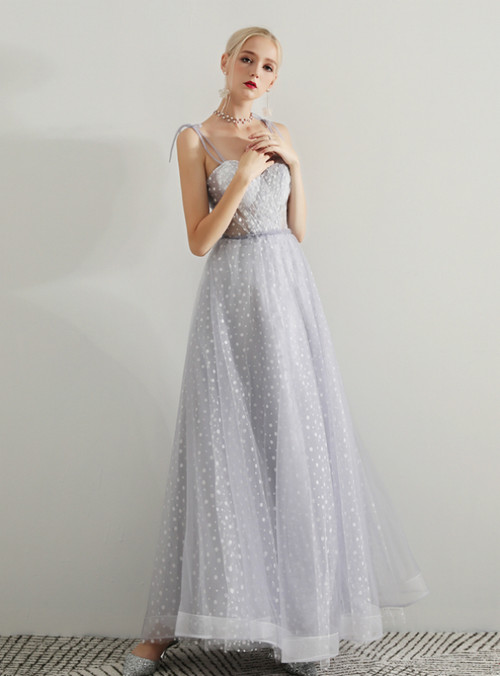 Spaghetti Straps Sequined Silver Gray Tulle Prom Dress with Ruffle