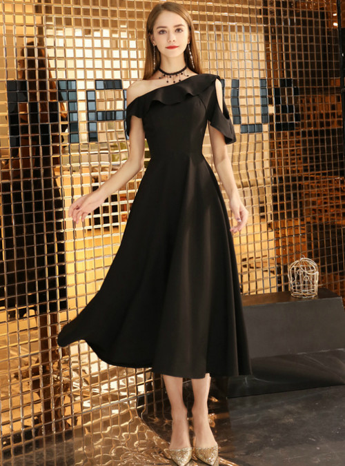 In Stock:Ship in 48 Hours Black One Shoulder Tea Length Prom Dress