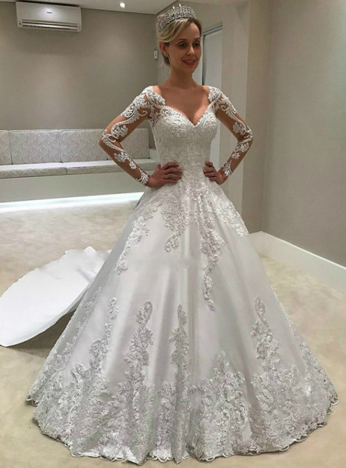 White Ball Gown Satin Appliques V-neck Long Sleeve Wedding Dress