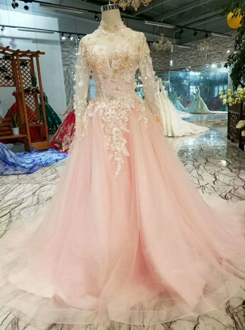 Pink Tulle High Neck Long Sleeve Appliques Princess Wedding Dress
