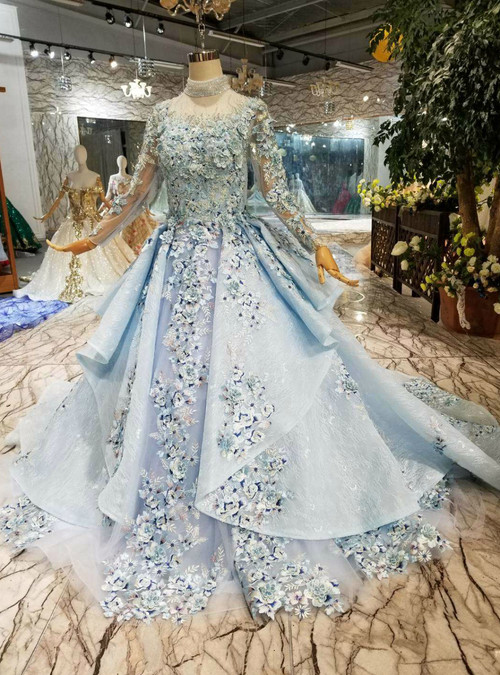 Blue Ball Gown Tulle High Neck Long Sleeve Embroidery Appliques Wedding ...