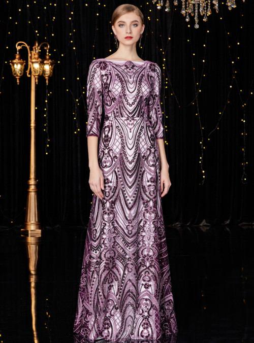 A-Line Purple Sequins Half Sleeve Long Mother Of The Bride Dress