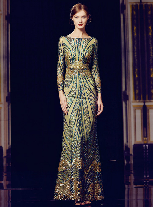 Green Sequins Sheath Long Sleeve Long Mother Of The Bride Dres