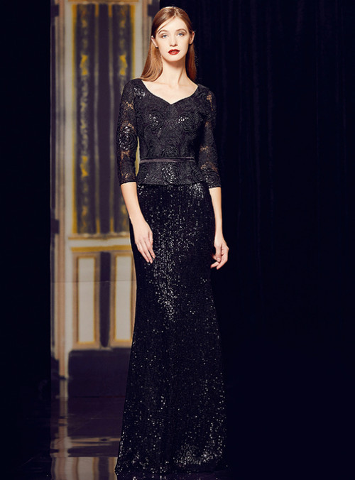 Black Mermaid Sequins Lace 3/4 Sleeve Long Mother Of The Bride Dress