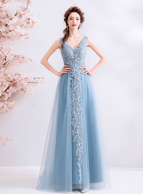 Blue Strapless V-Neck Appliques Pleats Fitted Long Prom Dress