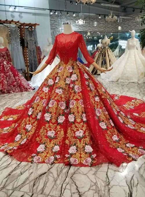 Red Ball Gown Sequins Embroidery 3/4 Sleeve Wedding Dress With Long Train