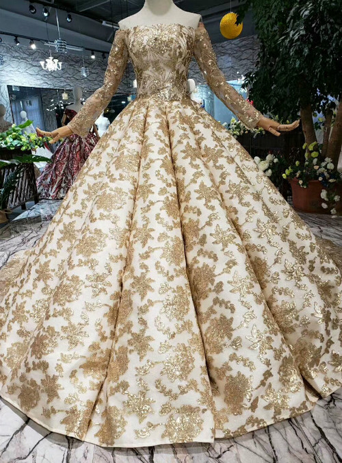 Champagne Gold Sequins Off the Shoulder Long Sleeve Wedding Dress