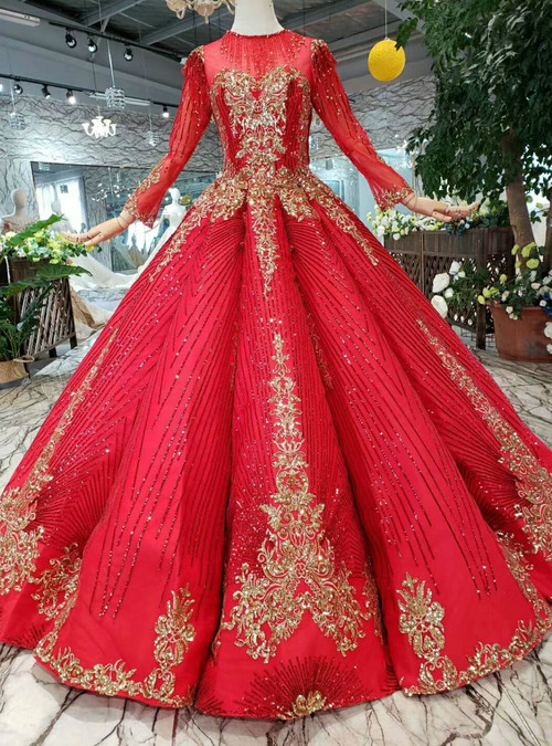 red and gold long sleeve dress Rachel Allan Quince RQ5012