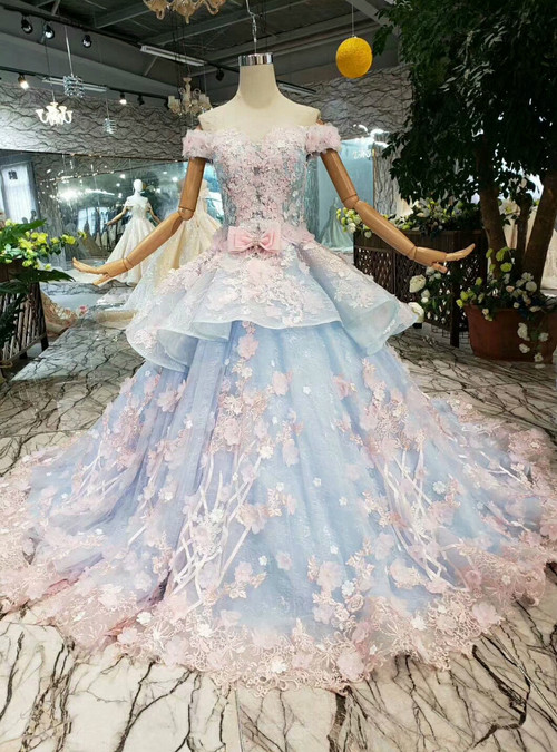 Blue Ball Gown Tulle Pink Flower Off the Shoulder Wedding Dress