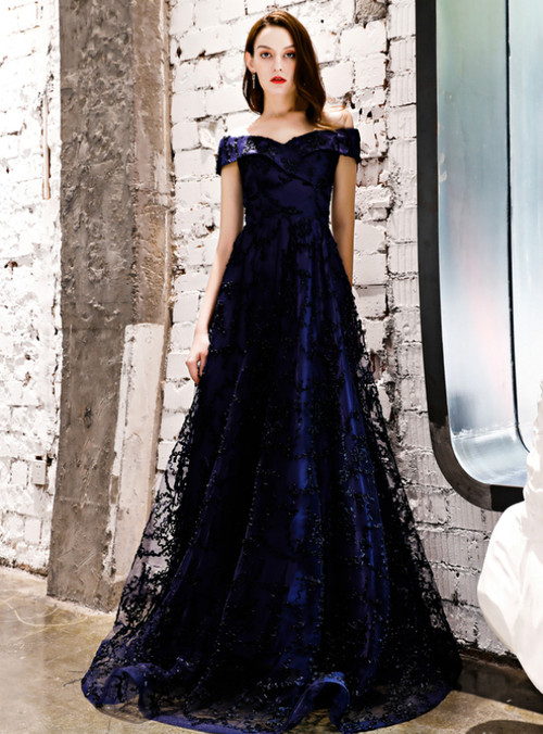 In Stock:Ship in 48 Hours Navy Blue Lace Off the Shoulder Prom Dress