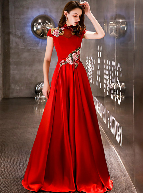In Stock:Ship in 48 Hours Red Satin Appliques High Neck Prom Dress
