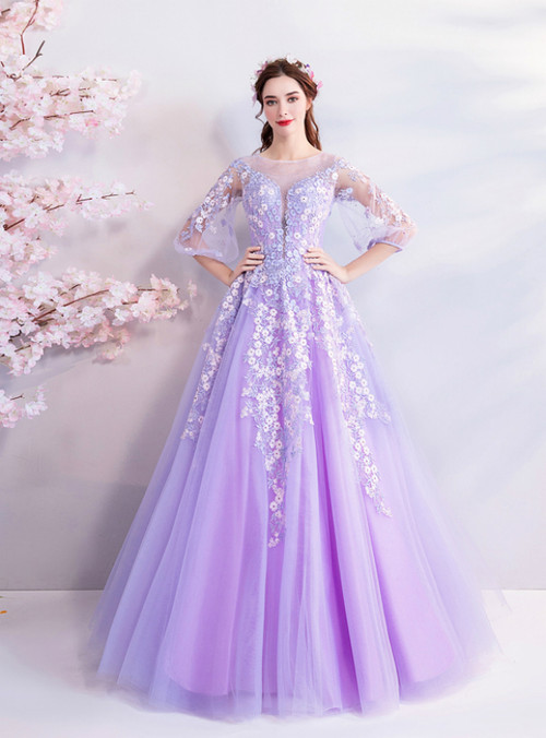 Glamorous Purple Satin Tulle Appliques Evening Dress,Long Party Prom Dress cc2773