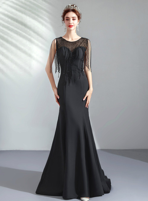 In Stock:Ship in 48 Hours Black Satin Beading Long Prom Dress