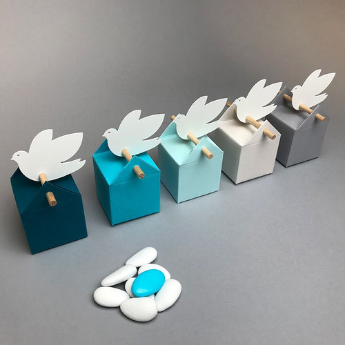 10 boîtes à dragées Baptême Garçon Kit Cumulus étiquette colombe