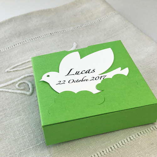 Boite à dragées Carré couleur vert printemps à la colombe personnalisée