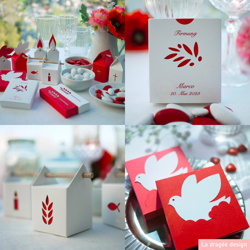 boîte rameau d'olivier, rouge , pour une confirmation. encre rouge pour la personnalisation. Possibilité de garnir la boîte avec des dragées blanches et rouges