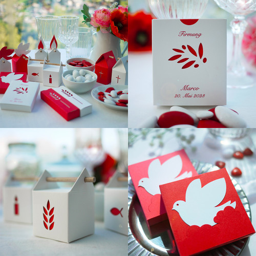 Boîte dragées Confirmation Colombe personnalisée, blanc, rouge