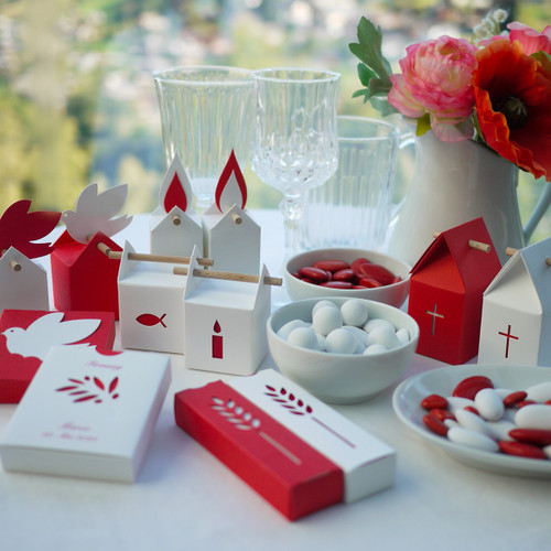 Boîtes à dragées, confiseries ou autre cadeau d'invité, à l'épi de blé ajouré, rouge,  couleur de la confirmation chrétienne