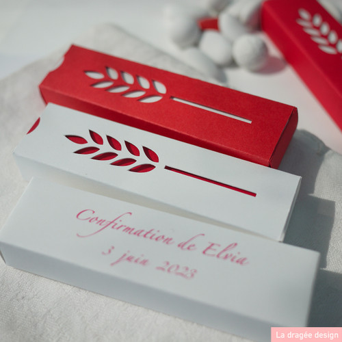 Boîtes à dragées, confiseries ou autre cadeau d'invité, à l'épi de blé ajouré, rouge,  couleur de la confirmation chrétienne