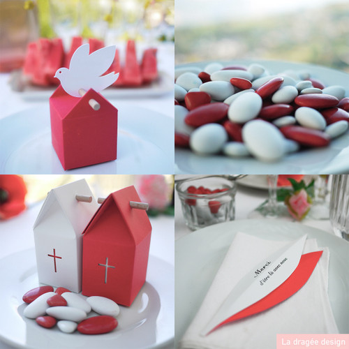 Boîte dragées très originale, design, artisanale, de grande qualité et qui twiste la tradition. La colombe et le rouge sont deux symboles très souvent utilisés pour une confirmation, d'un garçon, ou d'une fille.