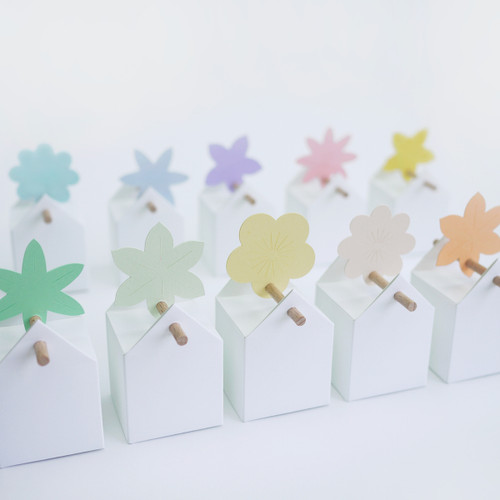 10 boîtes tourillon blanches, 10 étiquettes Fleurs variées, couleurs pastel ou couleurs vives; dragées amande ou chocolat en option, pour un baptême, un mariage, une fête de famille dans un jardin
