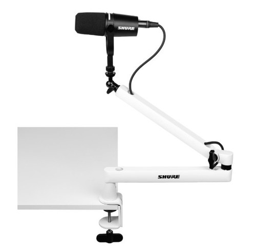 Shure SH-BROADCAST2-W Boom Arm mounted on a table
