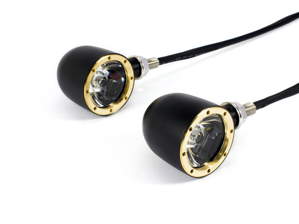 Motorcycle Black + Brass Bezel CNC Machined Billet Alum Classic Integrated LED Turn Signals + Daytime Running Lights
