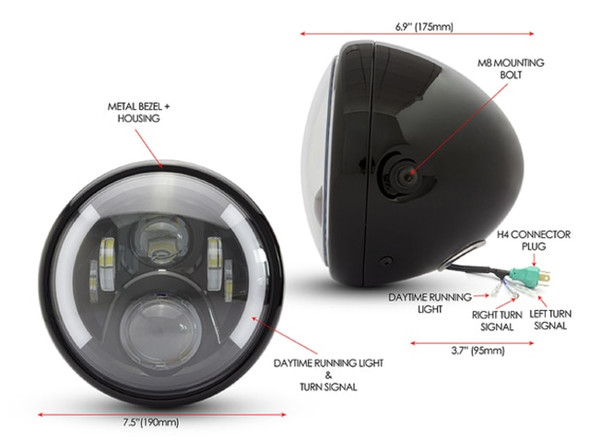 Gloss Black Motorcycle 7 inch Headlight Shell | 7 inch lens 7.75" overall OD  All Steel |  Bucket ONLY