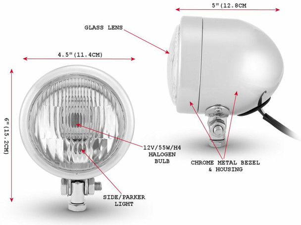 4.5" Chrome Motorcycle Headlight | Bottom Mount | H4  Halogen